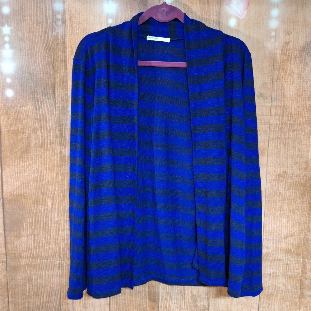 FEMME SIZE LARGE BLUE STRIPED CARDIGAN